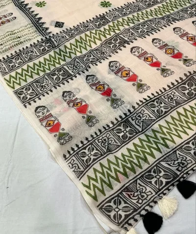 Linen Worli Printed Saree - Off White